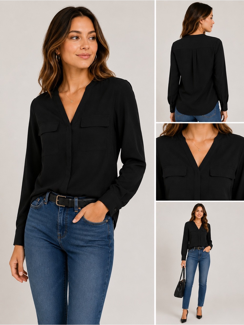 Mossimo Black Long Sleeve V-Neck Blouse | Dual Pocket Career Top | Women’s Small
